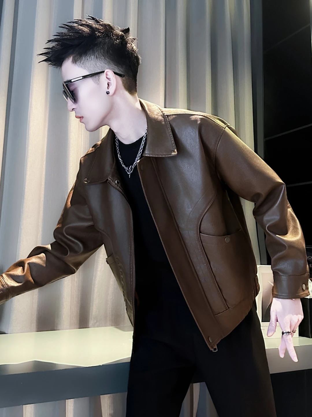 

American Sle Workwear Leather Jaet Men's Faionable Spring Autumn Casual Long Sve Zipper Closure Faux Leather Coat