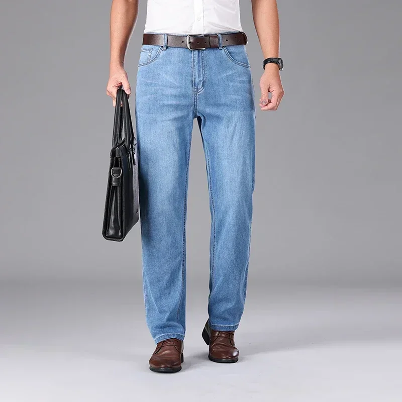2026 Summer Brand Clothing Men's Straight Loose Lightweight Jeans Classic Badge Business Casual Thin Cotton Stretch Pants