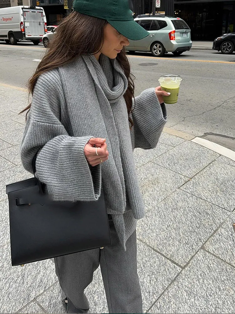 Chic Women Scarf Collar Solid Loose Sweater Casual Long Sleeve Irregular Hem Knitted Pullover Autumn Fashion Lady Street Jumpers