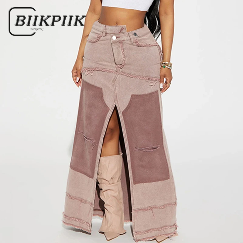 BIIKPIIK Casual Patchwork Fork Long Skirts Fashion Tassel Irregular High Waist Baggy Women Trousers Autumn Solid Maxi Trend Wear