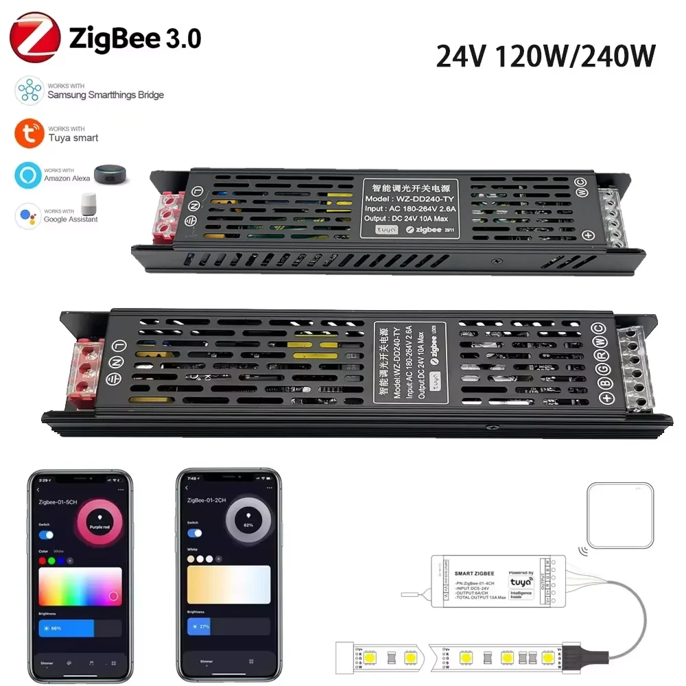 Tuya Zigbee Dimmable Led Driver DC24V 120/240W CCT/RGBCCT LED Light Transformer Dimmer 2in1 Voice/APP Control for Alexa Google