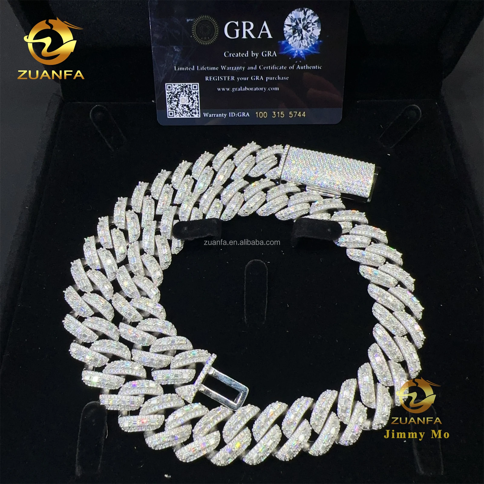 18mm Three Row Stone Luxury Rapper Jewelry 925 Solid Silver Iced Out Hip Hop Baguette Moissanite Diamond Miami Cuban Link Chain，