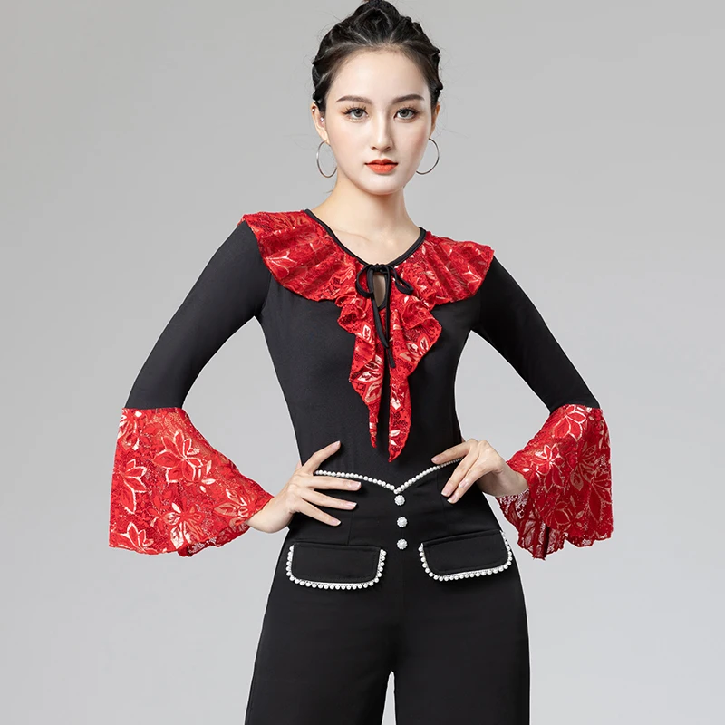 

New Modern Standard Dance Tops Professional Latin Long Sleeve Shirt Waltz Jumpsuit Samba Salsa Cha Cha Practice Clothes DQL7597