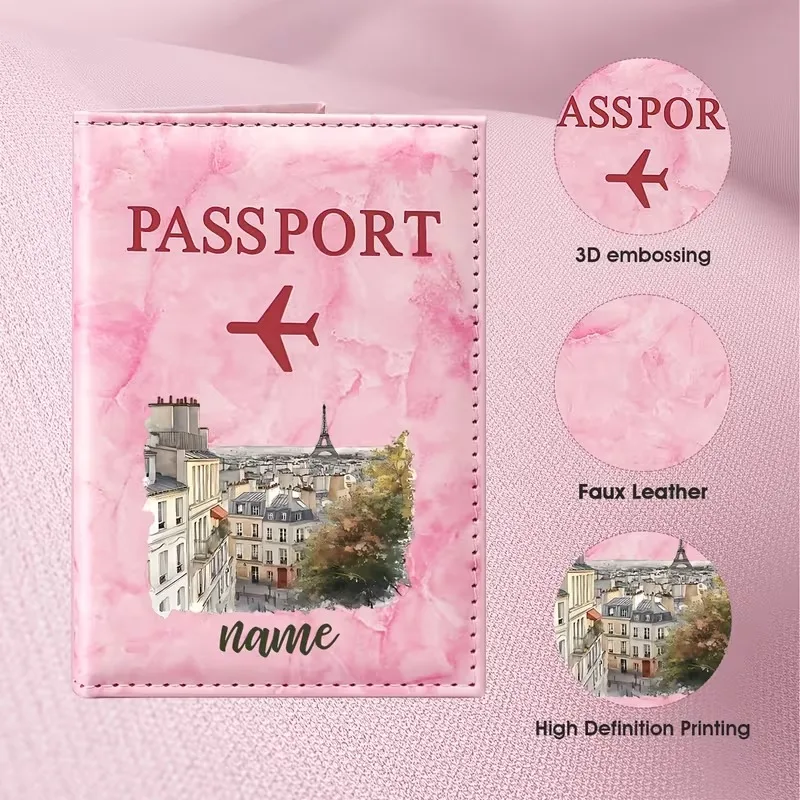 Custom Name French-Style Cityscape Hand-Painted Passport Holder, Featuring the Eiffel Tower and Rooftop Architectural Elements