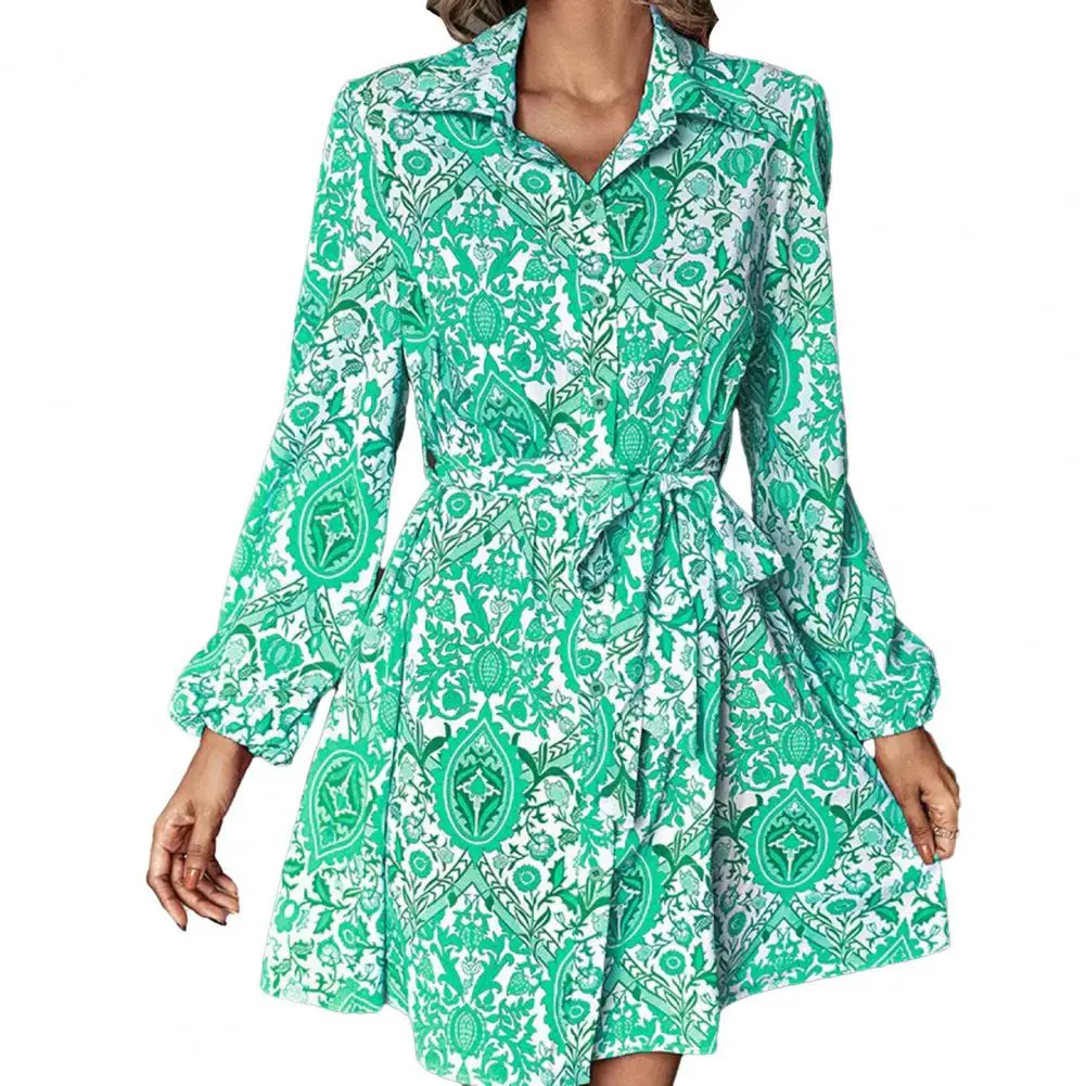 

Elegant Long Sleeve Dress Women Shirt Short Dress Floral Print Belted Women's Shirt Dress Stylish Autumn/winter Fashion