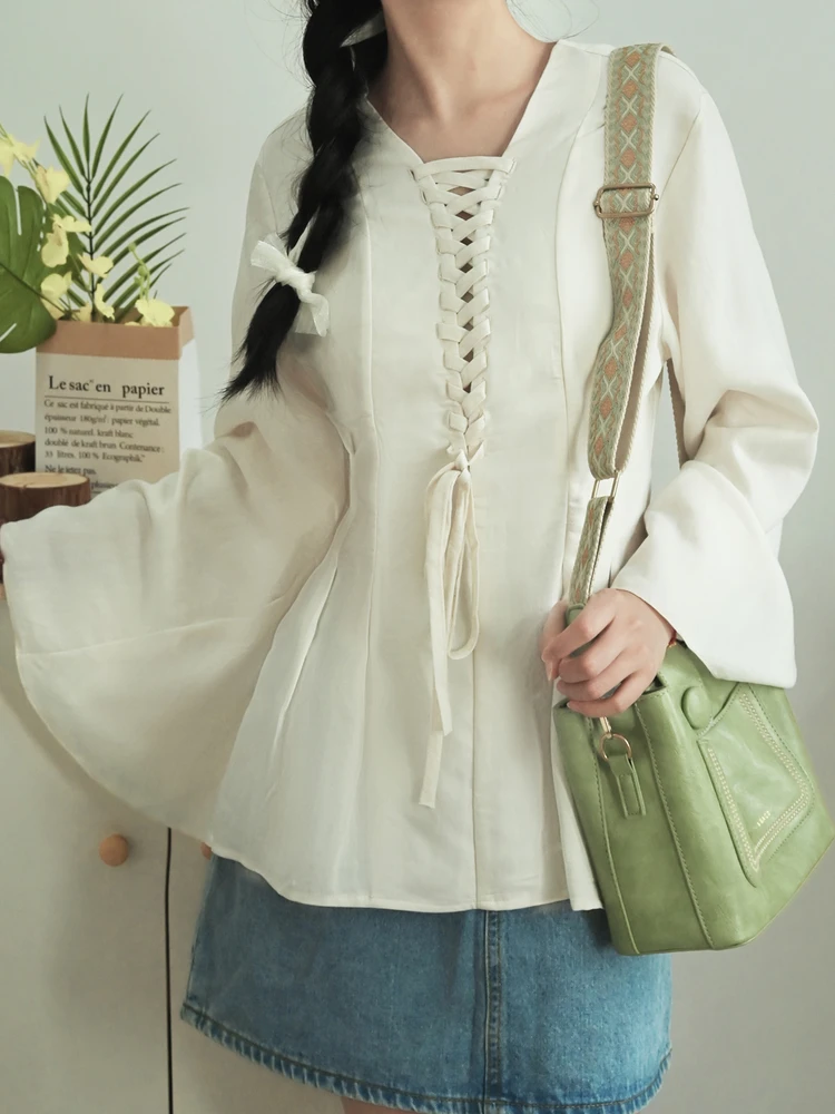 

Весенне-летняя расклешенная женская блузка с v-образным вырезом и поясом, модная модная дышащая легкая длинная льняная блузка Sve