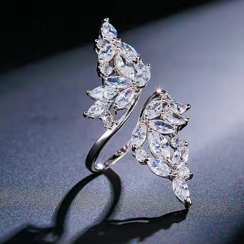 Fashion Feather Cubic Zirconia Fairy Rings For Women Gold Silver Color Copper Metal Open Adjustable Ring Party Everyday Jewelry