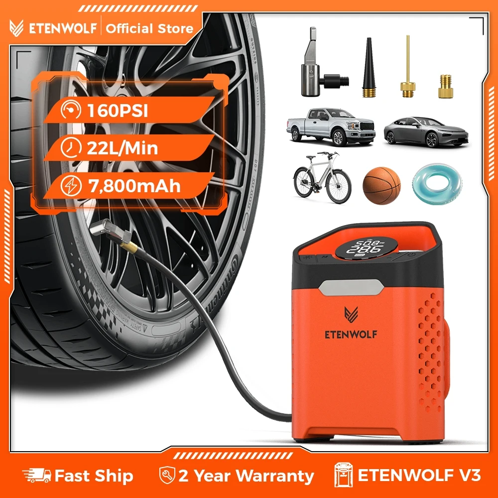 

Новый портативный автомобильный компрессор ETENWOLF V3 для накачки шин, 100% рабочий цикл, 7800 мАч, воздушный насос для автомобилей и мотоциклов, Power Bank, LED-фонарь