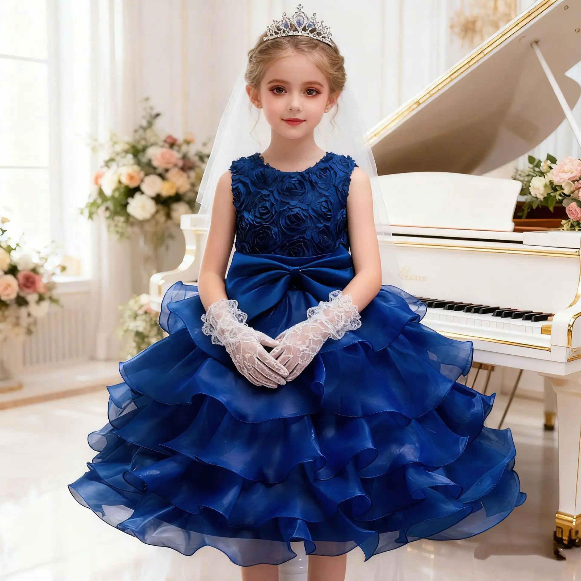 Besticktes Kleid für kleine Mädchen, Pailletten-Prinzessinnenkleid mit Schleife und Blumen, Kinder-Hochzeitskleid für Kinder