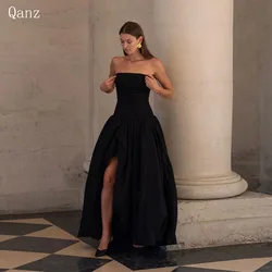 Qanz Arabia Vintage Satin Prom Dresses Black Strapless High Slit A Line Evening Dresses Formal Occasion Abendkleider Customized