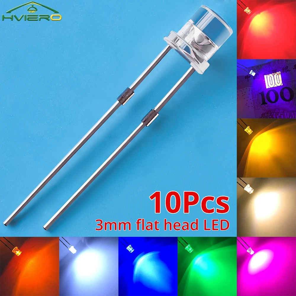 10/20 buah F3 3mm lampu Diode Led pemancar cahaya sudut lebar bohlam Diode merah muda UV oranye biru putih kepala atas datar Ultra terang
