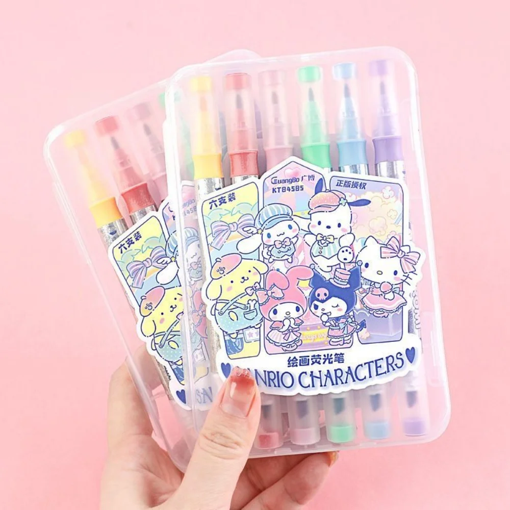 Hello Kitty&Kuromi Characters Highlighter Set, 6‑Color Dual‑Tip Pastel Highlighters Cute Aesthetic Markers for Journaling