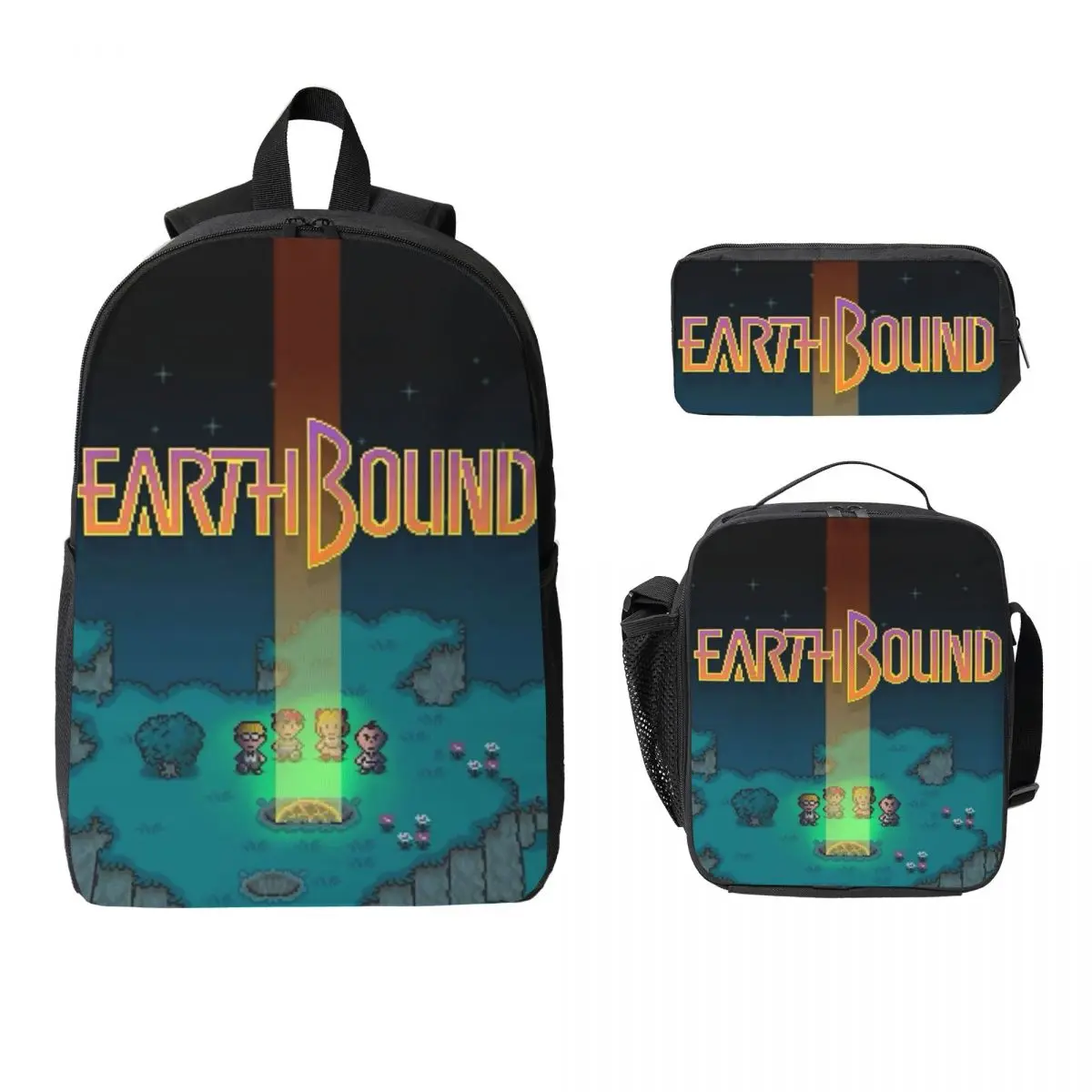 3Pcs Earthbound Mega Sprite Sheet Backpack Set for Children Pen Bags Bookbag Sets with Lunch Box For School Students Knapsack