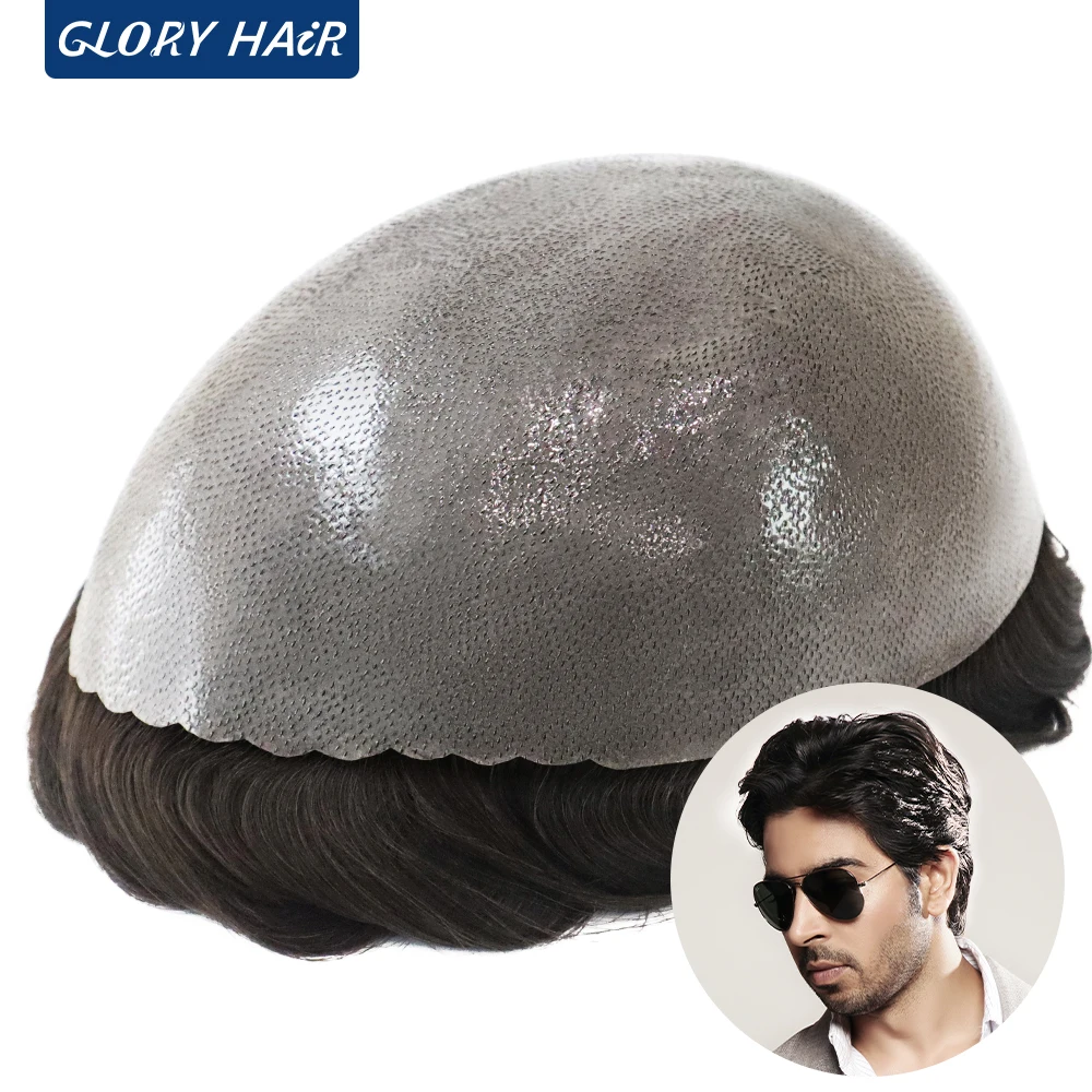 130% Density Male Hair Prosthesis India Human Hair Thickness PU Second Skin Men Wigs for Hair Loss Free Shipping