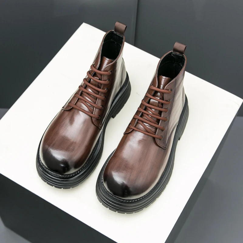 Botines de negocios para hombre, botas impermeables con parte inferior gruesa laca negra y marrón, botas Chelsea de moda de negocios con cordones, talla 38-45