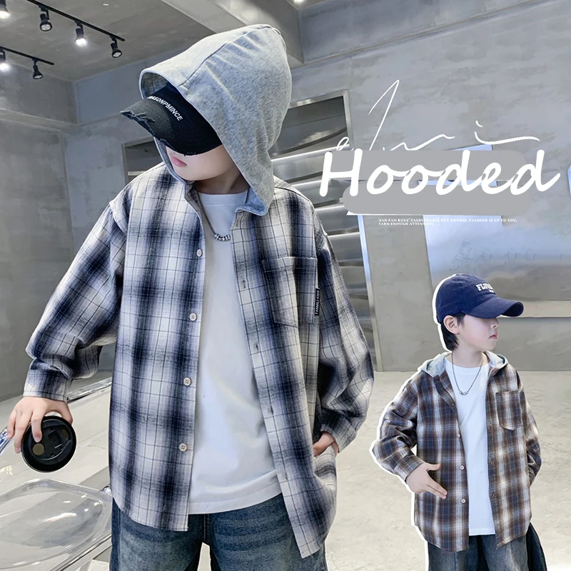 子供用秋長袖トップス、ゆったりとしたチェック柄シャツ、フード付き、ティーン向け男の子、学校、原宿、y2k服、キッズファッションブラウス、5-14歳