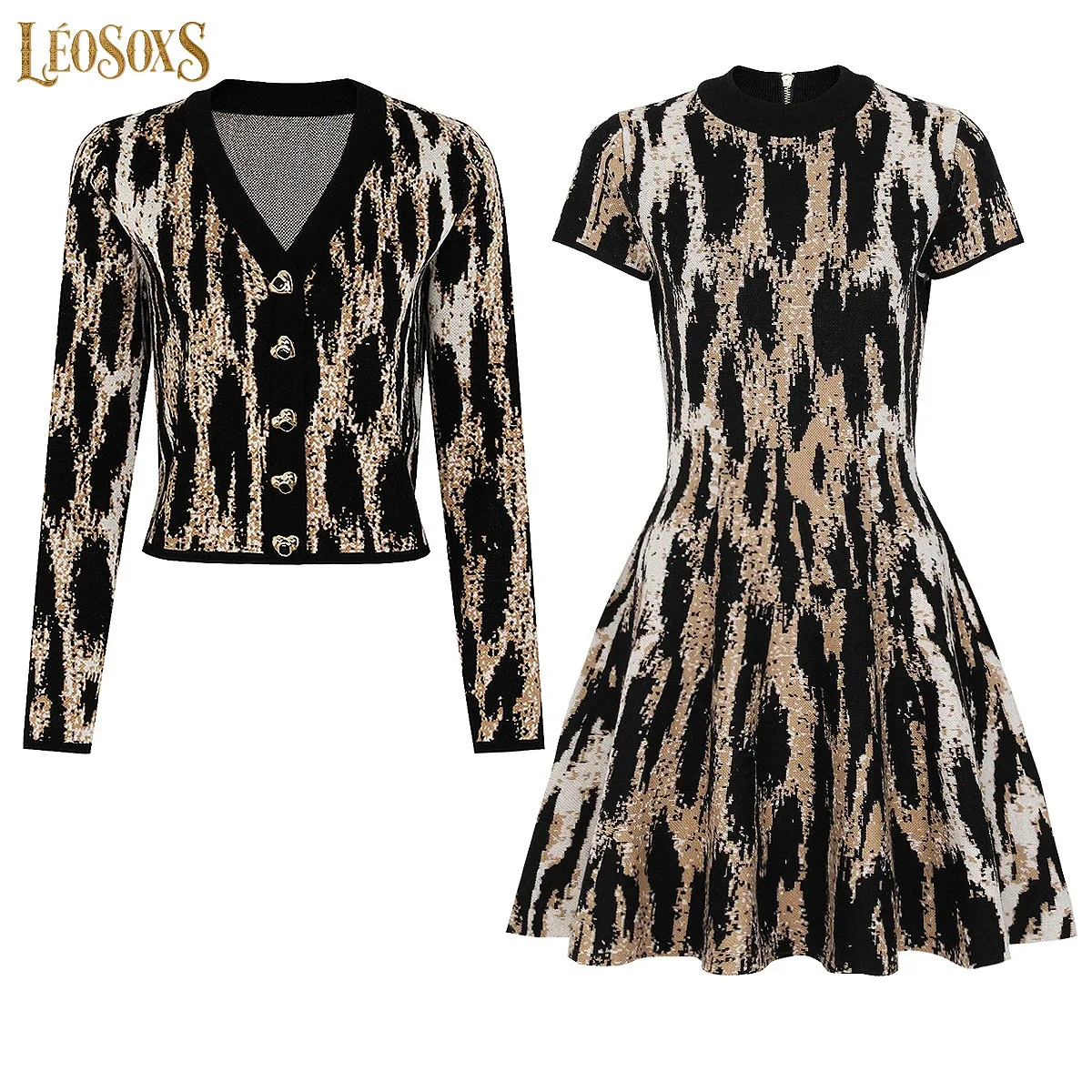 LEOSOXSHigh Quality Summer New Fashion Temperament Commuting Leopard Print Knitted Top JacketShort Sleeved Waist Cinched Dress