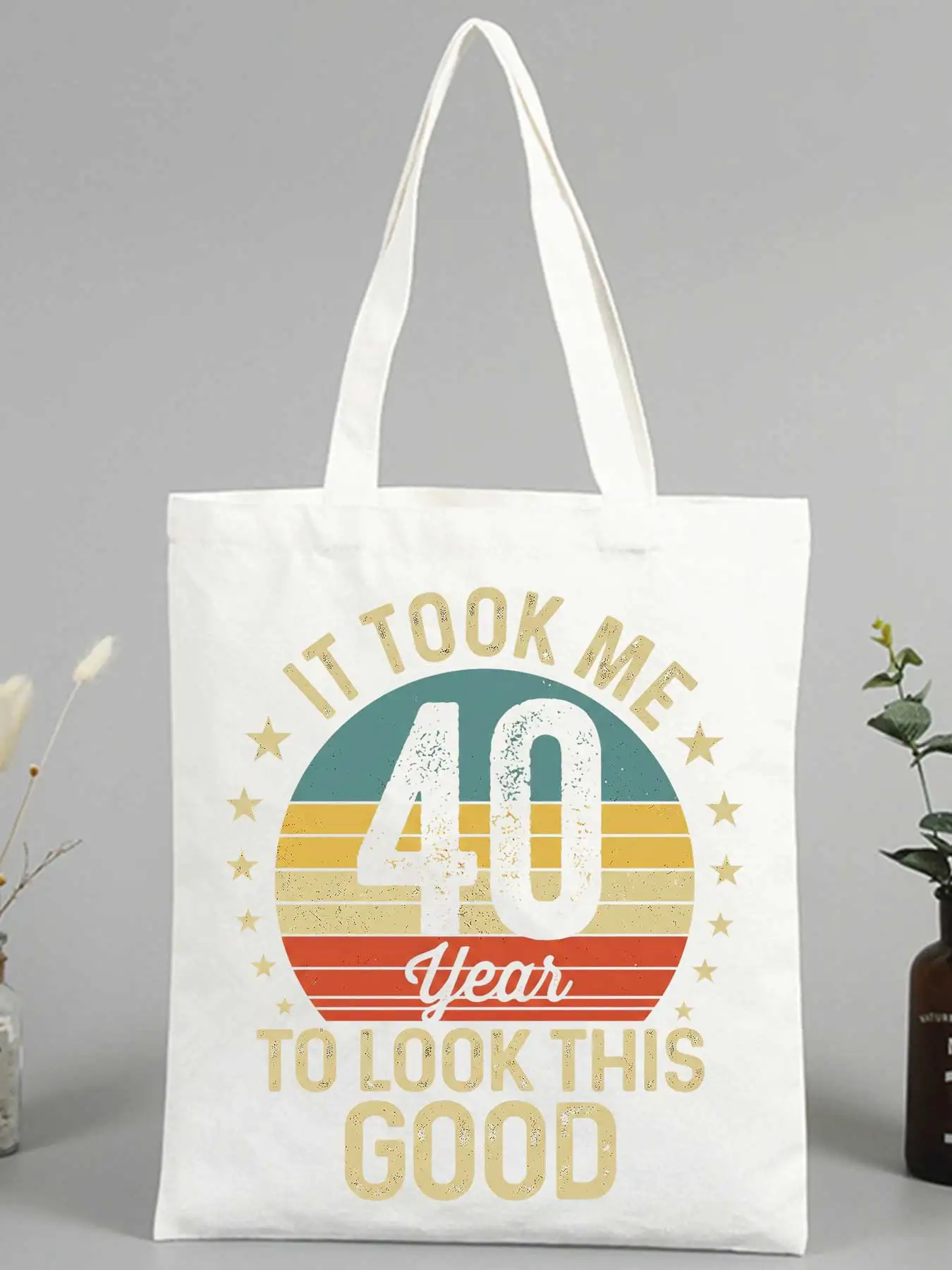 40th birthday letter print canvas tote bag, vintage style for casual daily use and special occasions