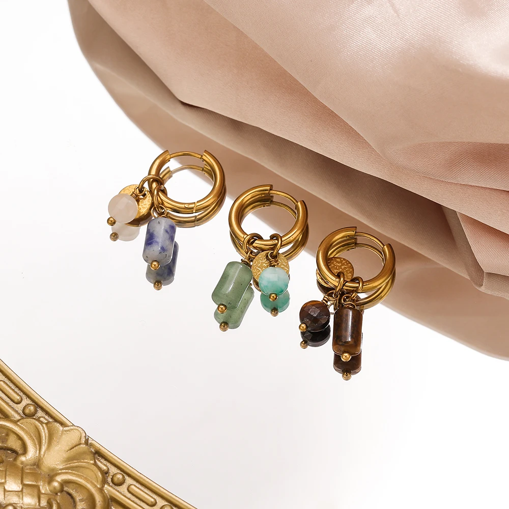 AURORA Böhmische Tigerauge Naturstein Charm Creolen für Damen Vintage Alltag Edelstahl Schmuck Accessoires – Detail 2