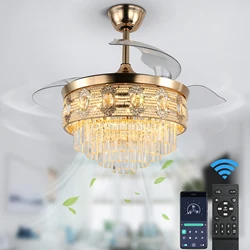 Modern Smart Ceiling Fan Chandelier Gold RC Adjustable 6 Speed Pendant Light Luminaire Bedroom 3 Heads Led Fandelier Lamp Indoor