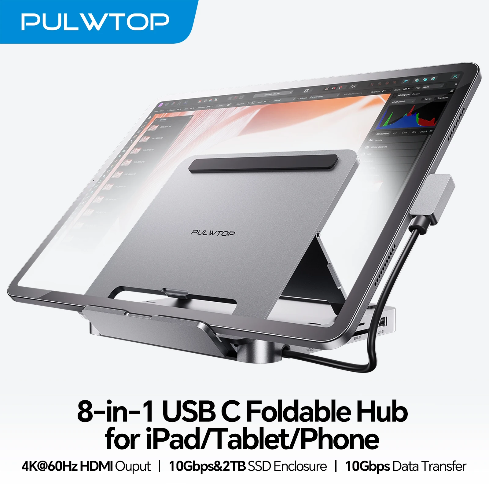 

PULWTOP Docking Station for iPad M4, 4K@60Hz HDMI, 100W PD Aluminum Hub with SSD Enclosure(No Support Lightning Port)