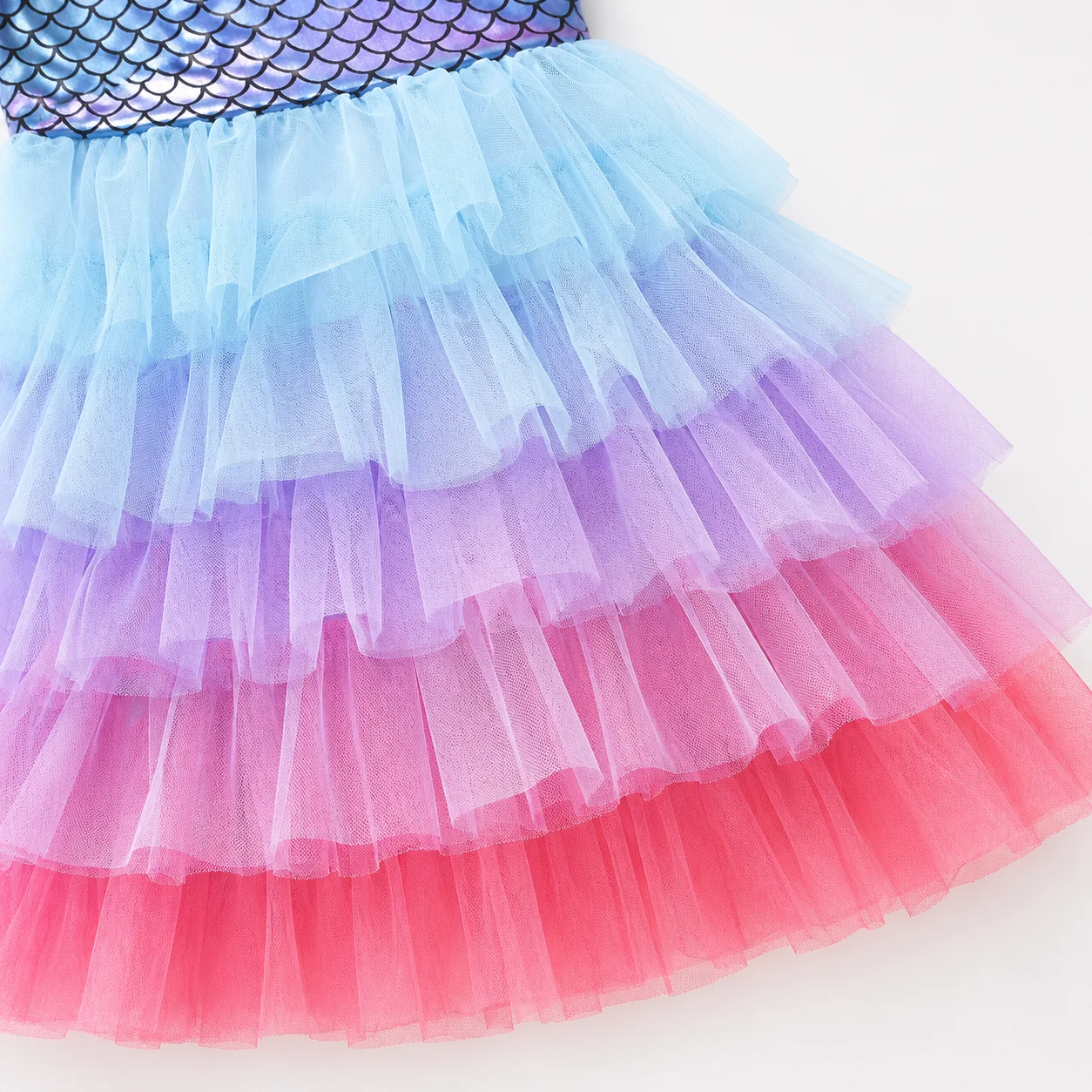 Kleinkind Mädchen Blau Lila Rosa Farbverlauf Mehrlagiges Tüllkleid Glänzende Pailletten Meerjungfrauenschuppen Ärmelloses Kleid Kinder Geburtstag Fotoshooting – Detail 4