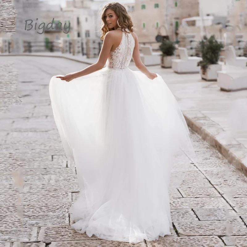 Elegant A-Line Wedding Dress For Women 2024 White Halter Lace Applique Sleevless Bridal Gown Sweep Train Tulle Vestidos De Novia