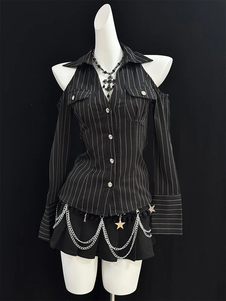 

Faionable Bla Off-oulder Striped irt Original Design Retro Sle Women's Cotton Long Sve Button up irt for Autum...