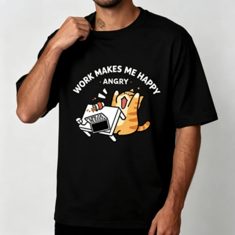 Men Crew Neck T‑Shirt Funny Angry Orange Cat Flip Desk Graphic Print Short Sleeve Cotton  Office Worker Humor Streetwear Tees