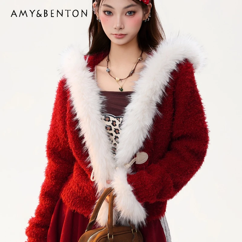 

Christmas Atmosphere French Red Cotton Women's Jacket Winter New Design Leather Button Fur Collar Thickened Short Coats Ladies