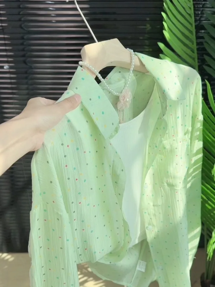 

Romantic Style Loose Fit Sun Protection Shirt Women's Spring Summer Mint Green Long Sleeve Collar Polka Dot Top