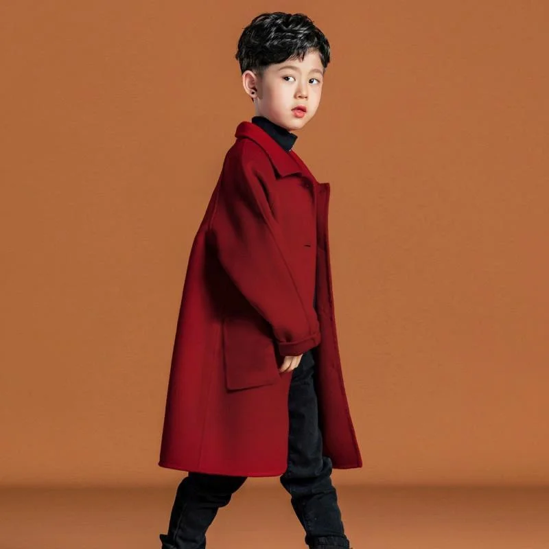 

Boys Woolen Coat Overcoat Jacket Windbreak 2024 Red Warm Plus Thicken Autumn Winter Cotton School Children's Clothing