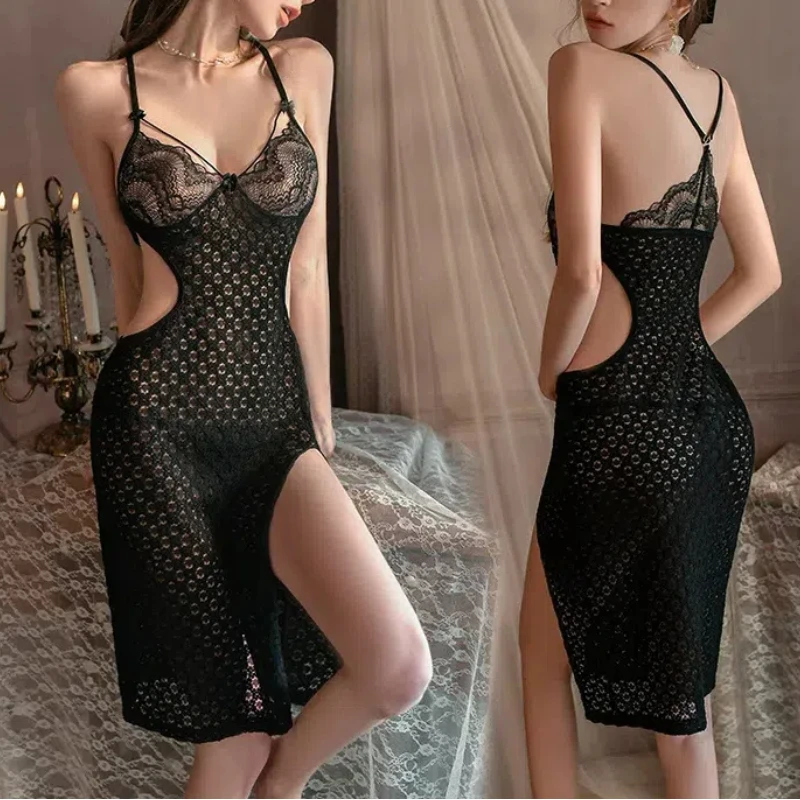 

Women Lingerie Lace Chemise Sleepwear Waist Strap Silk Satin Pajamas Sexy Soft Sleepdress For Ladies