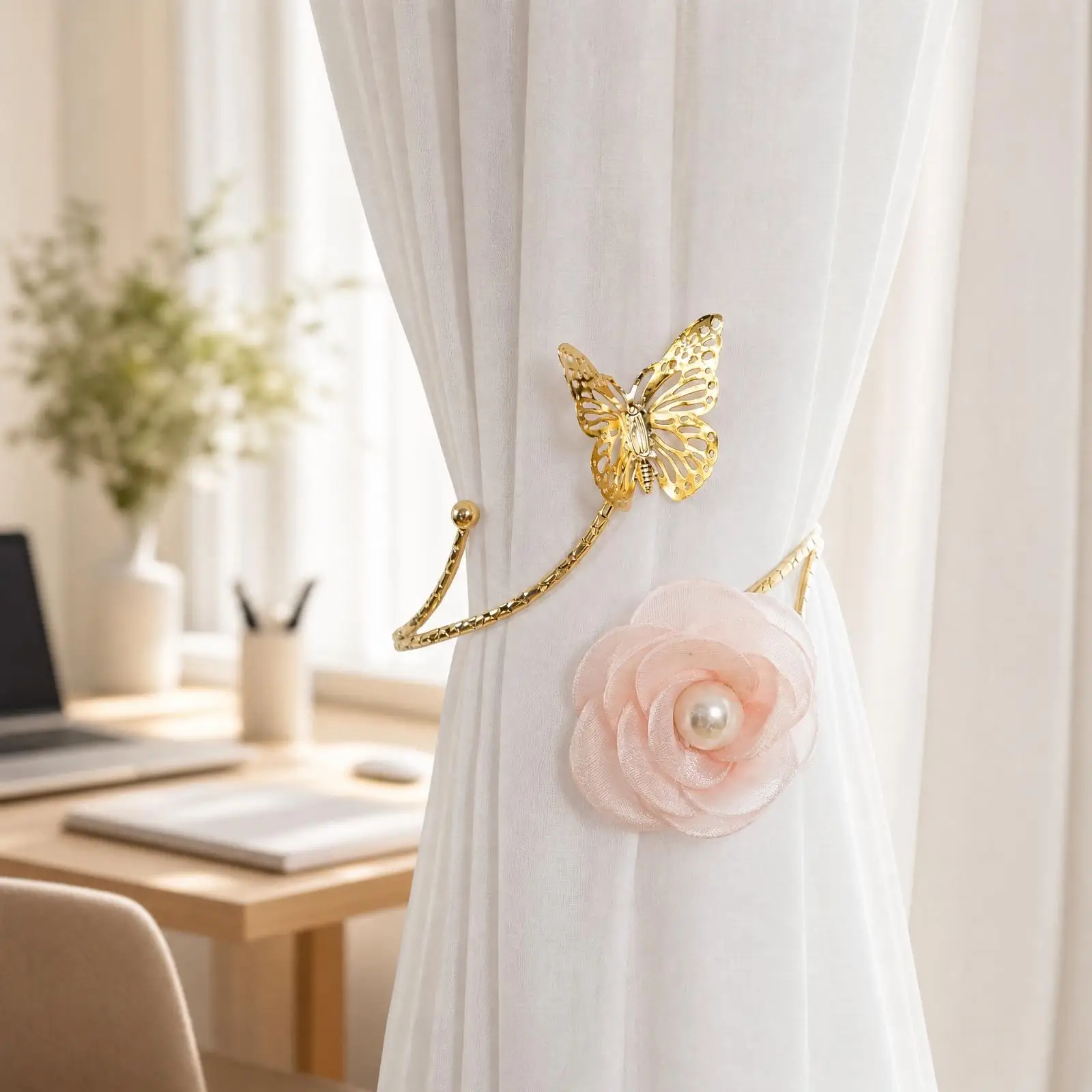 Decorative Alloy Curtain Holder with Openwork Butterfly Design and Pearl Center for Dining Room Window Decor