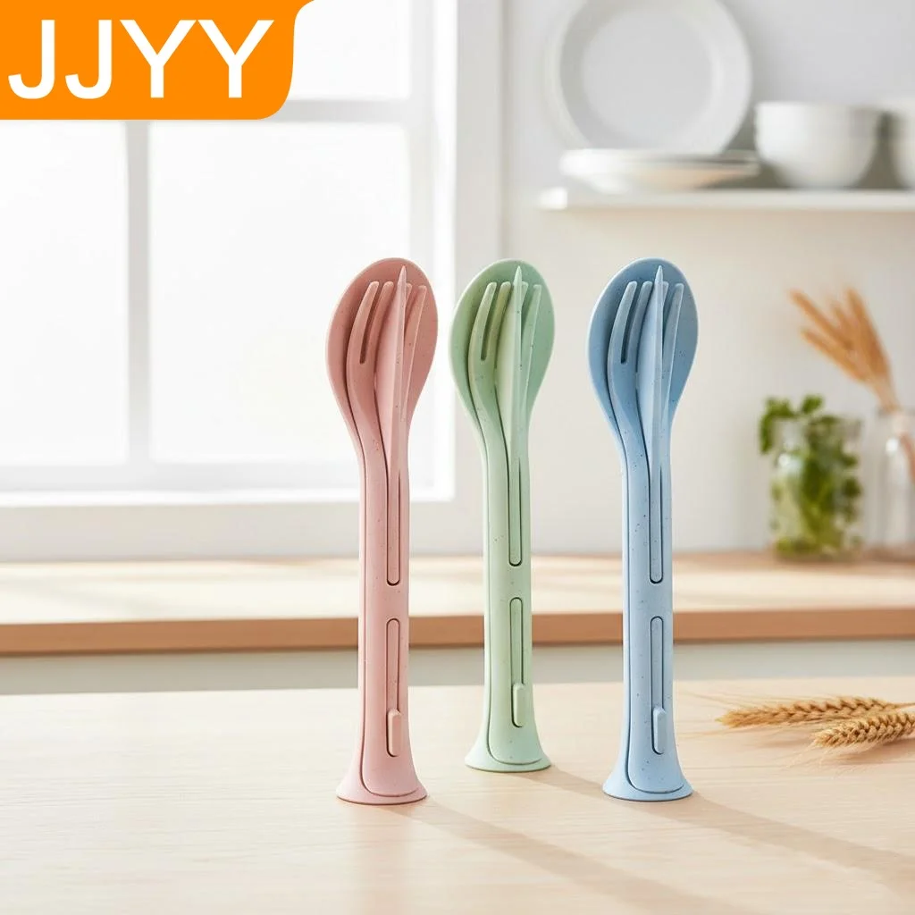 

3PCS Portable Wheat Straw Tableware Set Detachable Cutlery Travel Picnic Camping Dinnerware Set