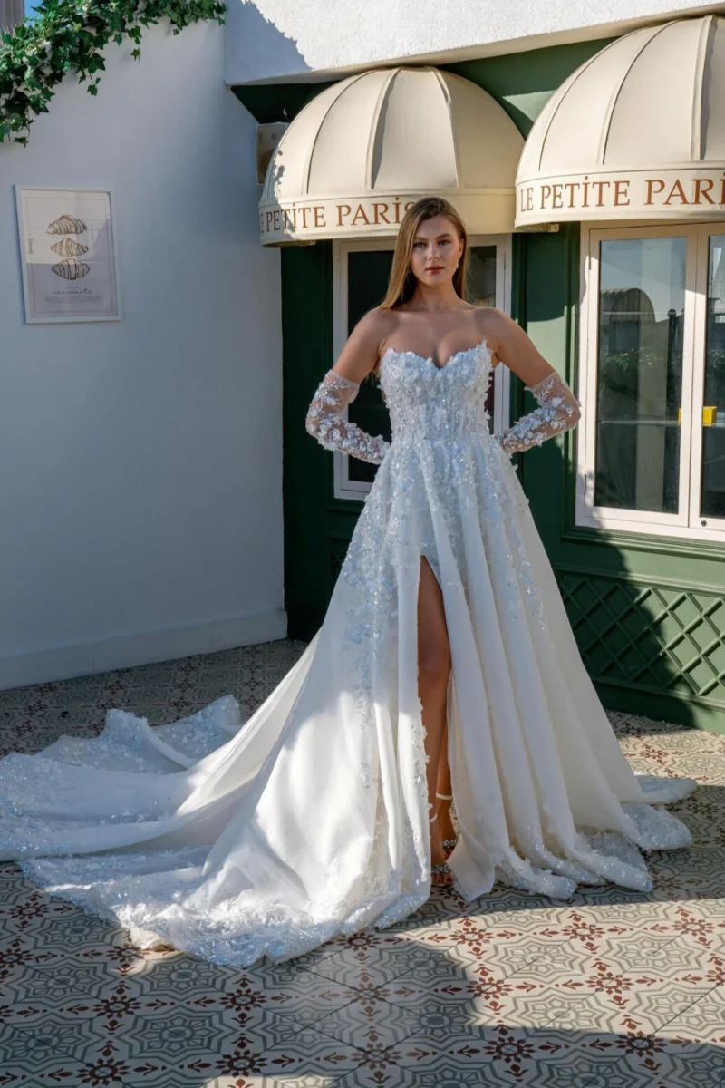 

Customized A-Line Delicate Wedding Dresses Sweetheart Sleeveless Off The Shoulder Vestido De Novia Lace 3D Flowers Bridal Gown