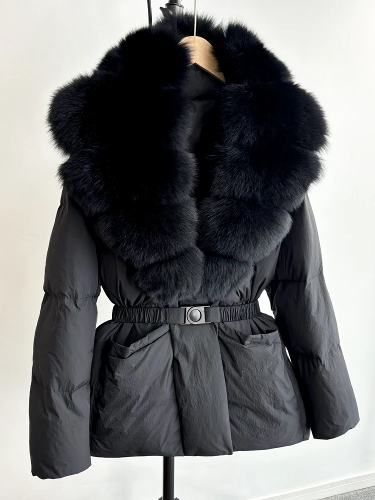 Lagabogy 2025 Large Real Fox Fur Winter Belt Waist-Tight Elegant Warm 90% White Duck Down Jacket Female V-neck Loose Puffer Coat