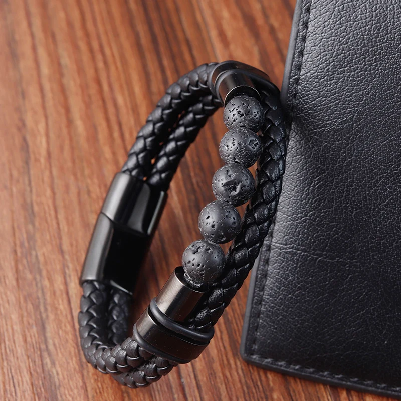 Men\'s Beaded Leather Bracelet Natural Stone Black Beads Multilayer Rope Stainless Steel Magnetic Clasp Wristband Male Jewelry