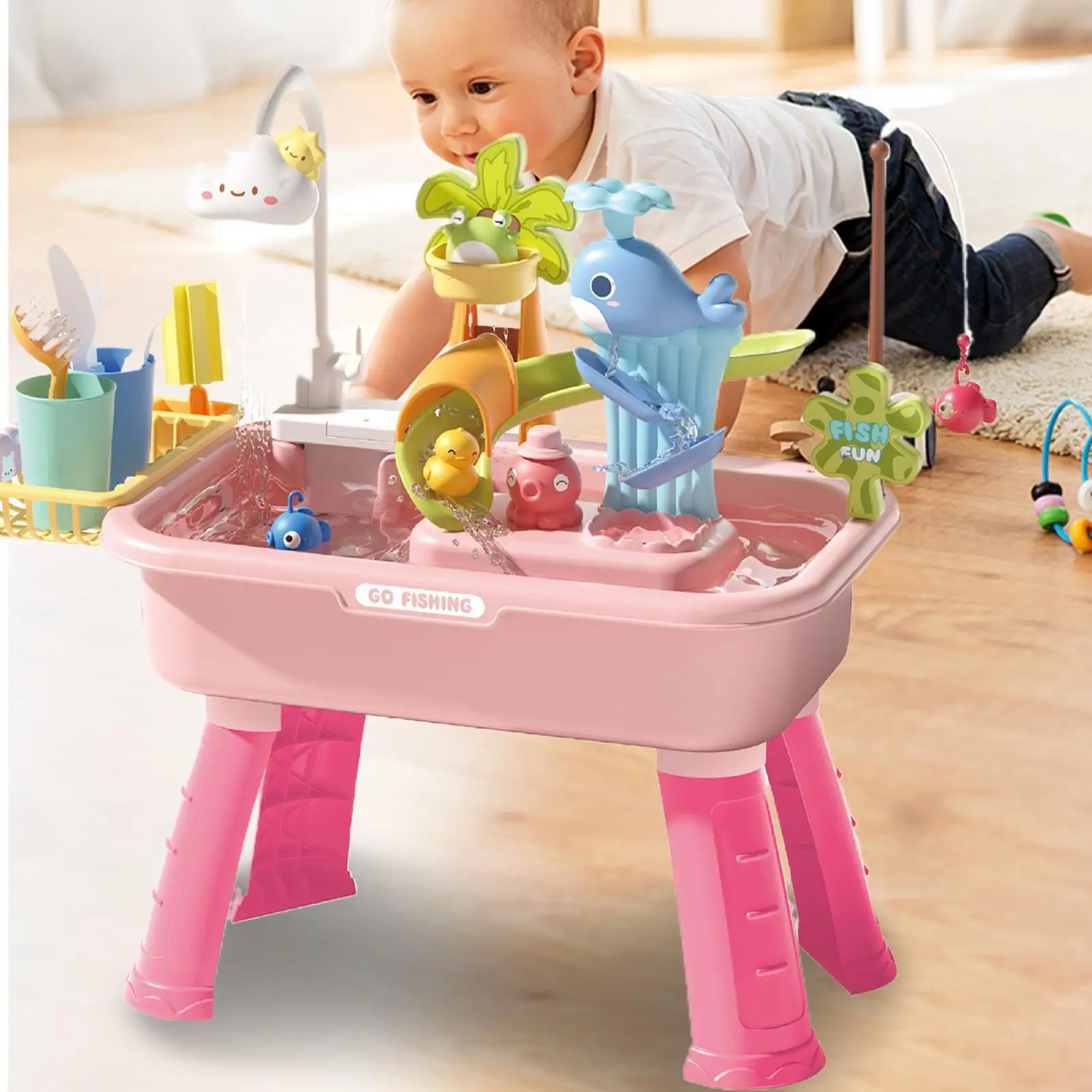 Crianças mesa de água ao ar livre brinquedos de praia 4-em-1 pia brinquedo com torneira elétrica educacional fingir jogar para meninos meninas piquenique escola