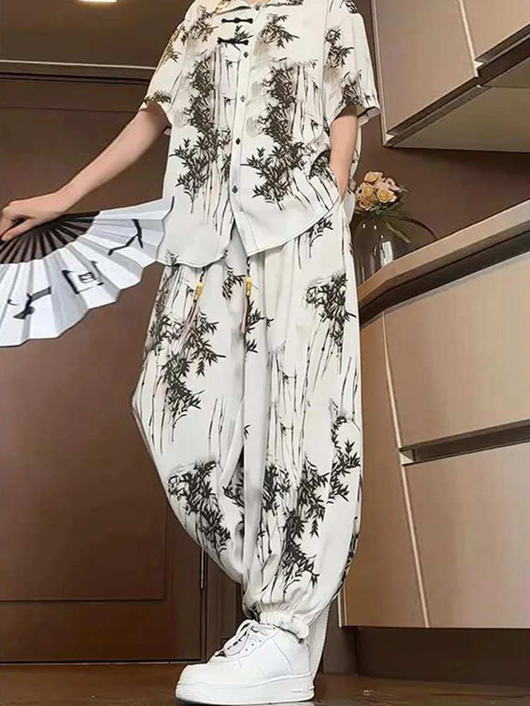 

Новый летний комплект из тонких шелковых брюк и футболки для мужчин: повседневная спортивная одежда из полиэфирного волокна, длинные брюки