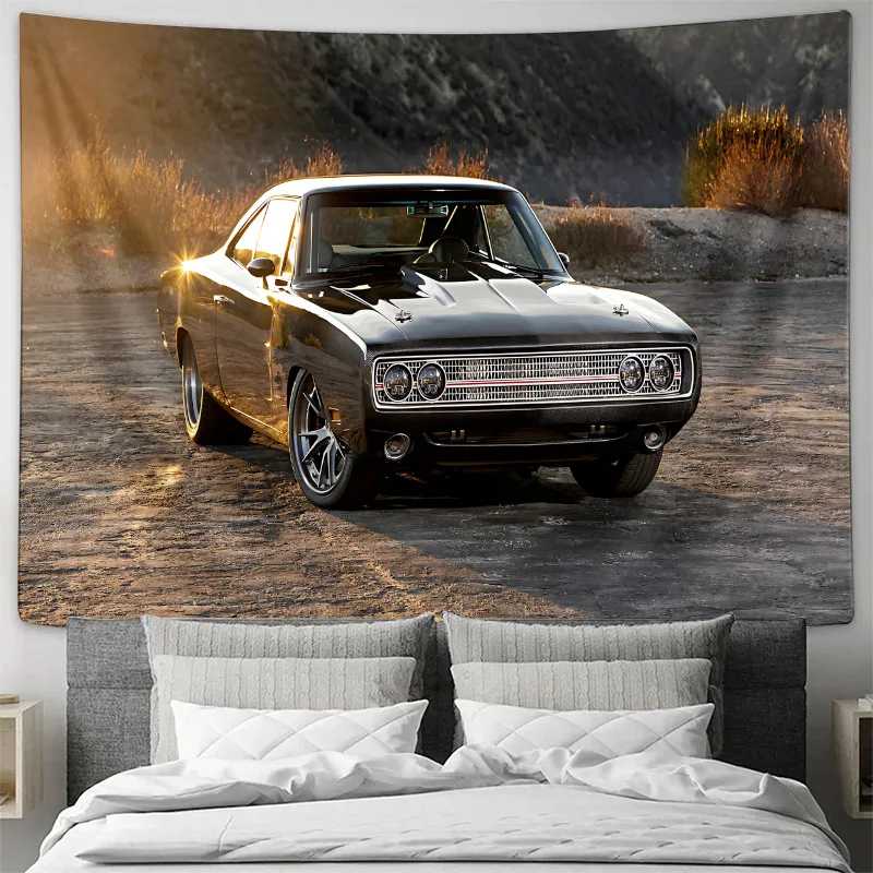 Classic Black Muscle Car Desert Sunset Wall Tapestry Machine Washable All Season Decor Art Print Vintage Design Home non-toxic