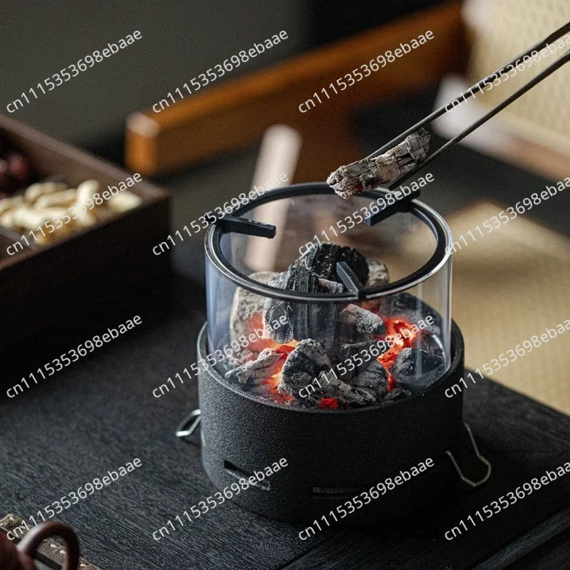 Small Desktop Charcoal Tea Stove with Glass Fire View, Home Outdoor Teaware Set for Tea Brewing