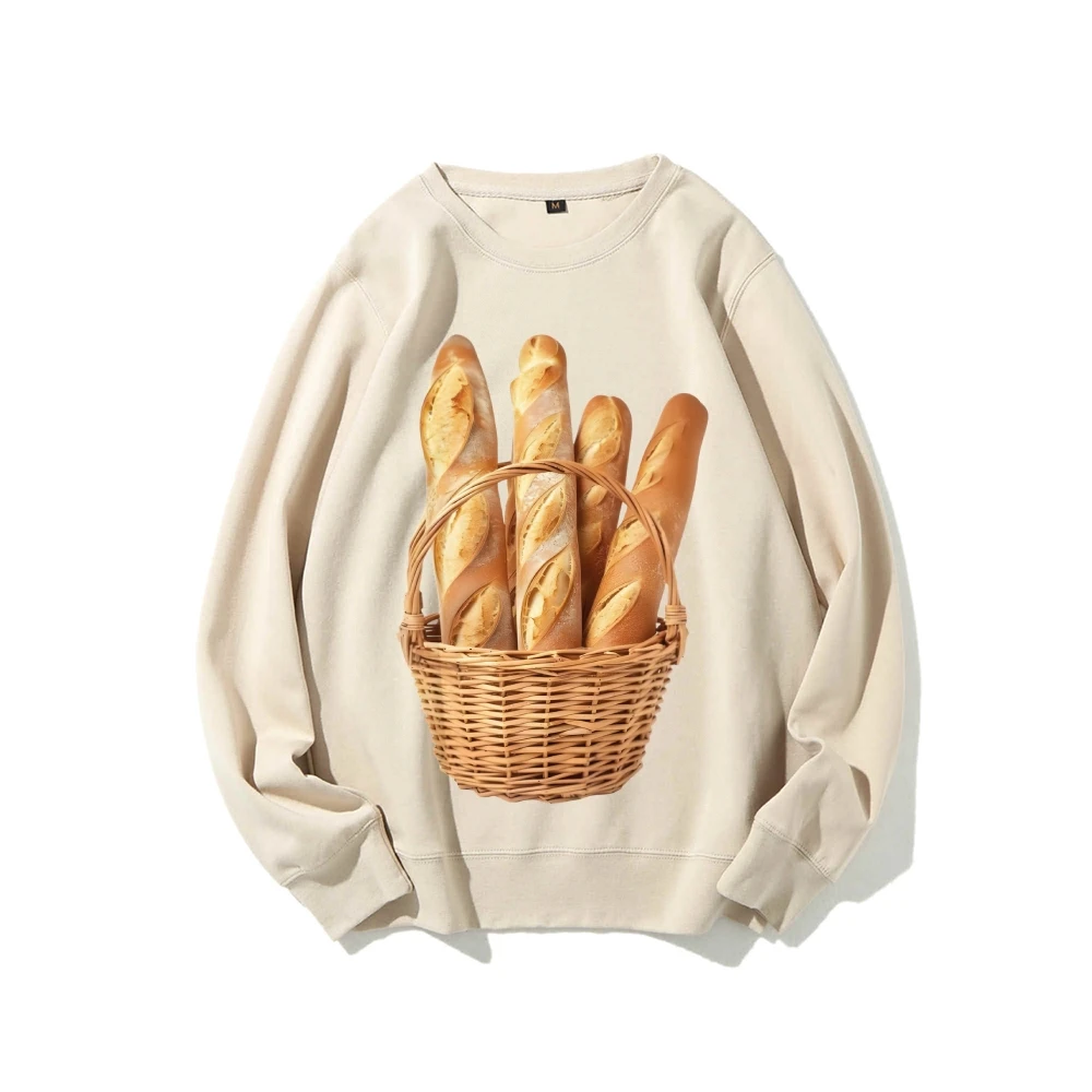 Sudadera gráfica Y2k con estampado de Baguettes en cesta, tela suave de estilo libre rústica gourmet y temática francesa para apariencia informal de comida