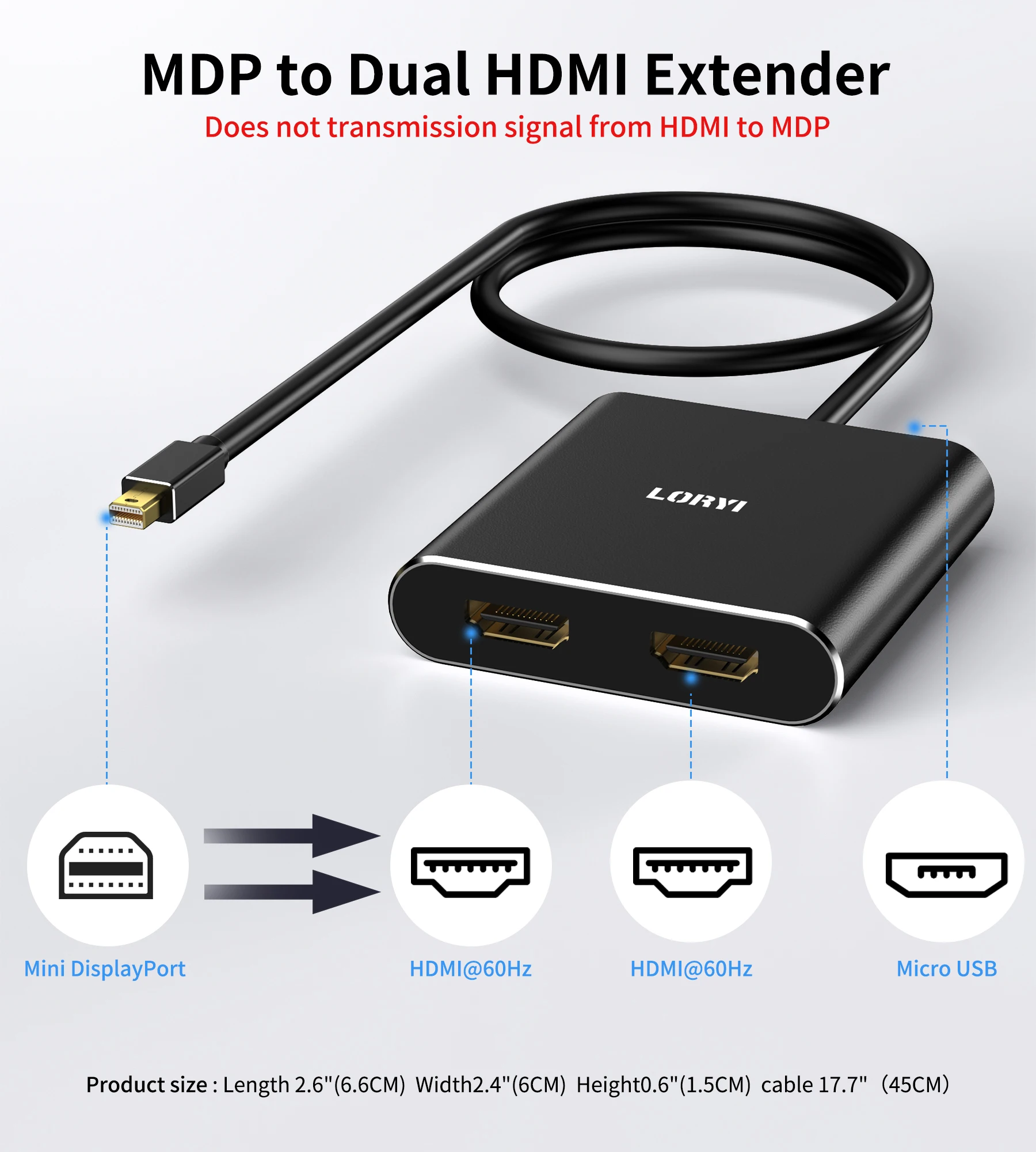 미니 디스플레이 포트 to 듀얼 HDMI 허브, MDP 1.2 to 2 * HDMI 스플리터, 확장 모드/미러 모드, 노트북 모니터 프로젝터 PC용, 4K @ 60Hz