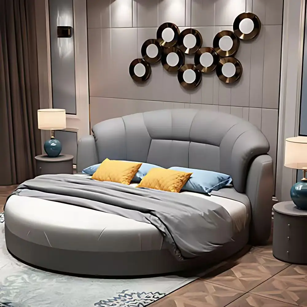 

&*New Italian Minimalist King-Size Round Leather Bed Luxury Villa French-Style Wedding Bed Simple Soft Double Bed With Storage