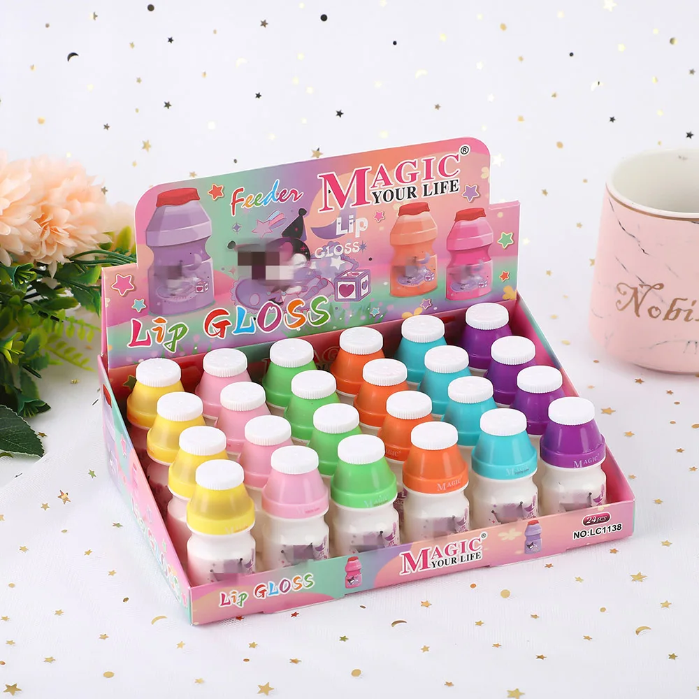 24pcs Cute Cartoon Drink Bottle Lip Gloss Set Glossy Moisturizing Non-sticky Lip Gloss Kawaii Women Lips Makeup Wholesale