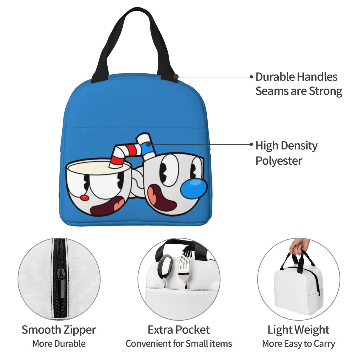 Cuphead Mugman Insulated Lunch Bags Leakproof Game Anime Meal Container Thermal Bag Tote Lunch Box School Picnic Food Bag