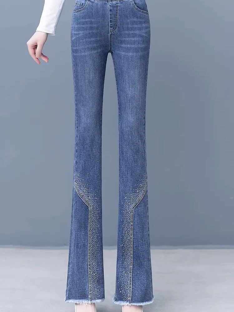 

Женские джинсы с высокой талией, расклешенные, модные, с эластичным поясом, с бахромой, утягивающие, микро-клеш, из хлопкового стрейч-денима, на все сезоны