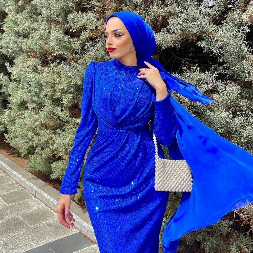 Royal Blue Evening Dresses for Women Sheath Full Sleeve Prom Gowns with Sequined Ankle Length 2024 Summer Robe De Soirée Zipper