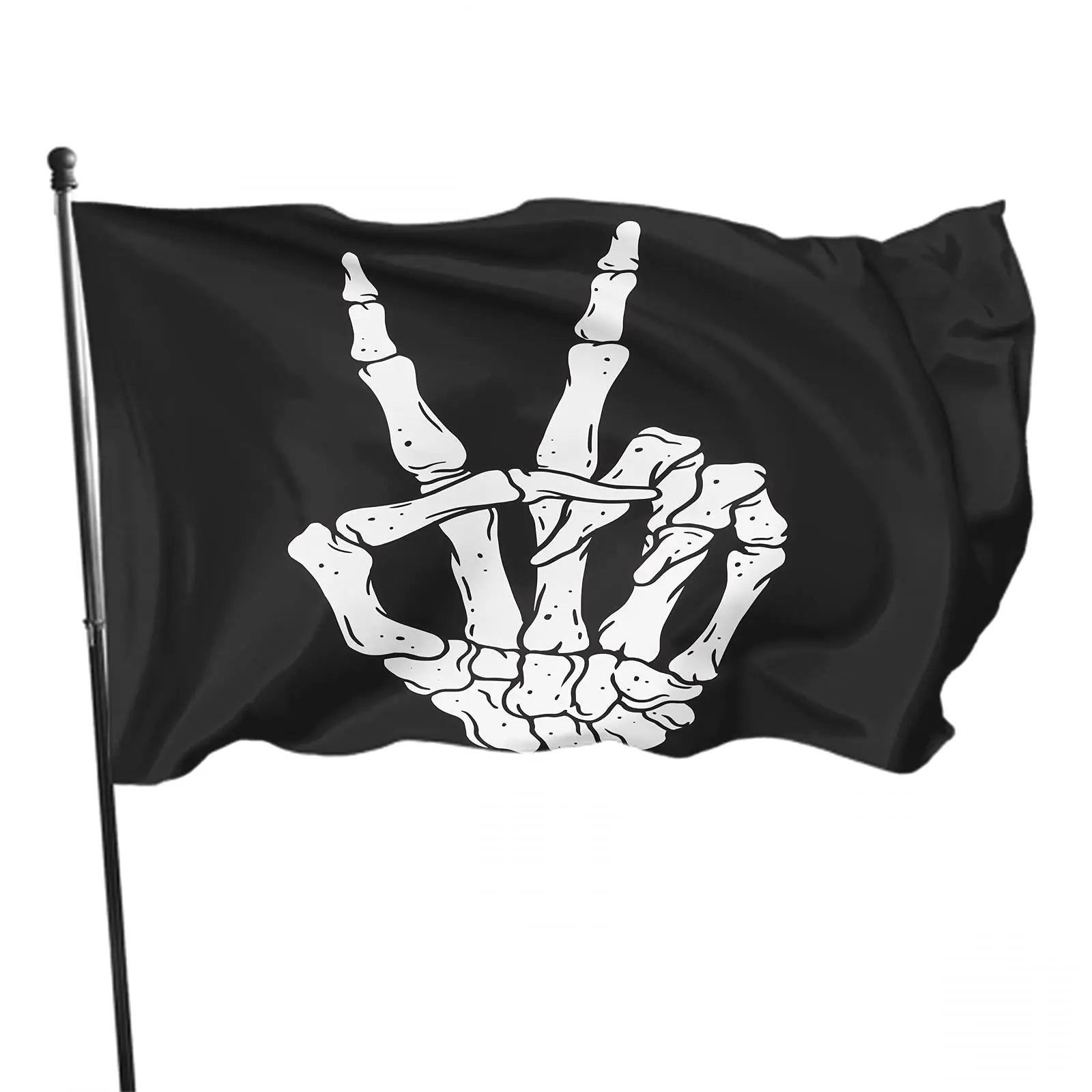 Skeleton Hand Flag Outdoor Victory Bone Gesture Peace Sign Vintage Black House Flags Banner Decor for Indoor Courtyard Porch
